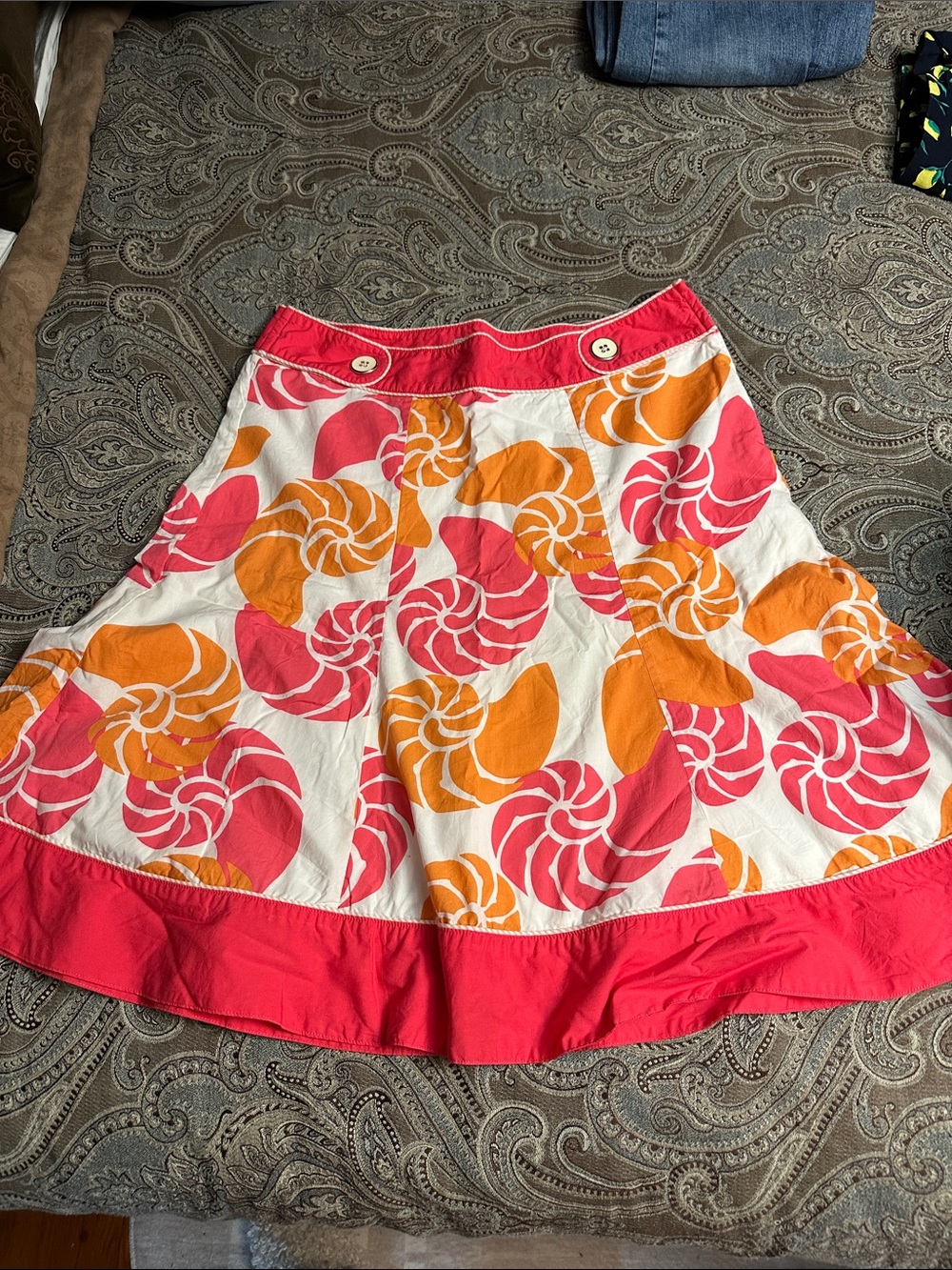 Vintage L.L. Bean Pink and Orange shell Print Circle Skirt.